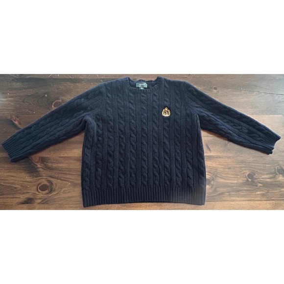 Ralph Lauren Sweaters - Ralph Lauren 100% Lambswool Cable Knit Sweater Navy Blue Crest Logo Shrunken